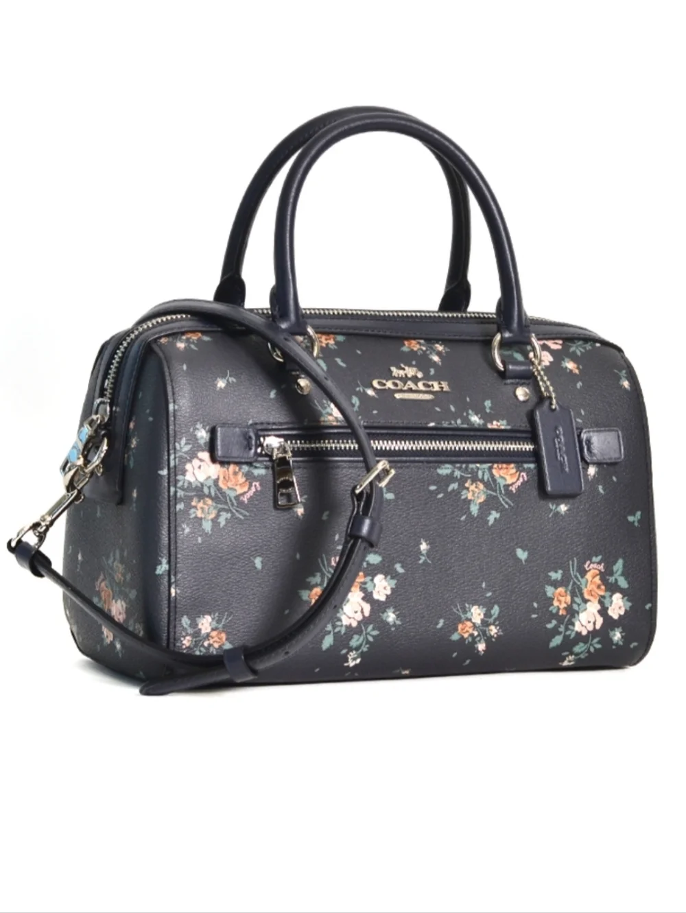 Coach Rowan mightnight navy rose bouquet floral dome satchel bag